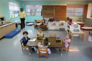 A Montessori art station with natural materials, encouraging creativity and expression.